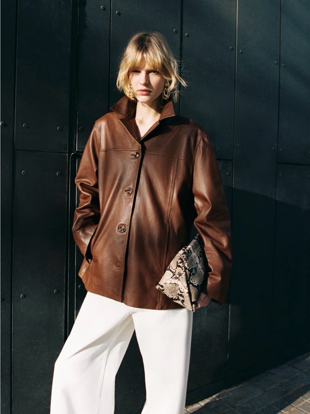 H&M Premium Selection Leather Jacket For Women (Brown) XS - Picture 2 of 12